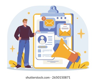 Man stands beside large clipboard with digital profile, emails, and megaphone icons, in flat colorful style on white background. Concept of digital marketing. Vector illustration