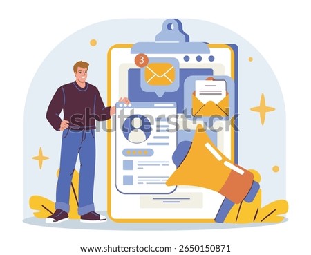 Man stands beside large clipboard with digital profile, emails, and megaphone icons, in flat colorful style on white background. Concept of digital marketing. Vector illustration
