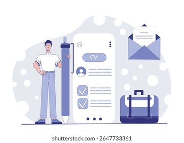 Um homem fica ao lado de um grande lápis ao lado de uma interface CV digital, envelope e pasta sobre fundo abstrato. Conceito de solicitação de emprego. Ilustração vetorial