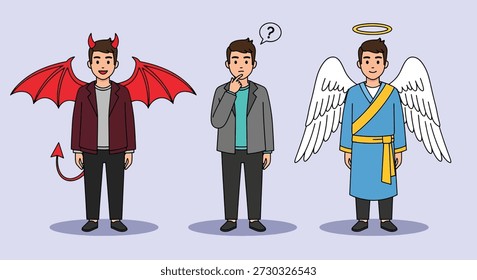 A man stands between an angel and a devil, symbolizing a moral dilemma and decision-making.