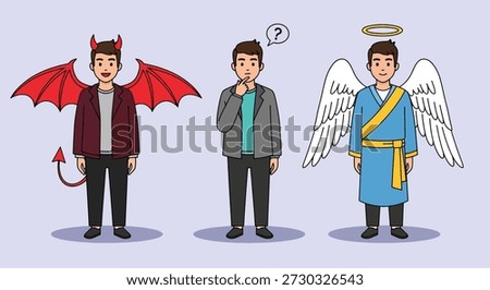 A man stands between an angel and a devil, symbolizing a moral dilemma and decision-making.