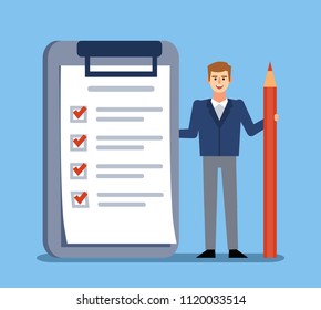 Man stands with big check list, to do list. Successful time management, planning. Flat design vector illustration