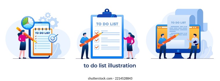 Man stands with big check list, application to do list online. Successful time management, planning. Flat design vector illustration