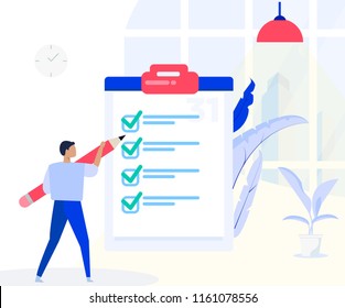 Man stands with big check list,Planning schedule concept banner with characters. Successful time management, planning.