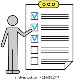 Man stands at big complete checklist icon, worksheet with tick marks, to do list. Business organization and achievements of goals. Check list, questionnaire, management and tasks planning concept