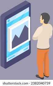 Man stands at big mobile phone. Person using internet on smartphone looks at image in application gallery. Guy hold telephone, looking at cellphone screen and texting, communicating in social media