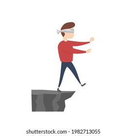 Ein Mann steht blind zusammen und versucht, ein Hindernis in der Art mit seinen Händen zu finden, wobei sein Bein für einen Schritt aufgezogen wird, der in der Leere landet, während er über einer Klippe steht
