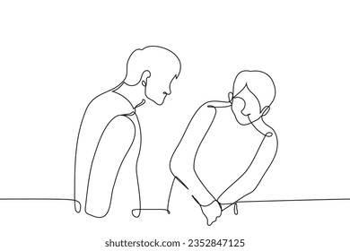 el hombre se inclina sobre otro que está avergonzado o asustado - un vector de arte de una línea. dominación conceptual, intimidación, amenaza, intimidación