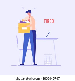 Man stands with a box of things, he was fired from job. Concept of unemployment, fired, work conflict, dismissal, professional burnout. Vector illustration in flat design