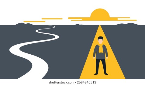 Un hombre se para en un foco brillante en un camino oscuro, simbolizando el enfoque y un camino claro hacia adelante.