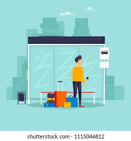 Man stands at a bus stop, a trip, a vacation, a summer. Flat design vector illustration.