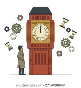 El hombre está junto al Big Ben. Engranajes y relojes de arena rodean la torre. Concepto de gestión del tiempo. Escena del Lugar famoso de Londres.
