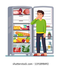 Man stands by the fridge chooses food. Modern flat style thin line vector illustration isolated on white background.