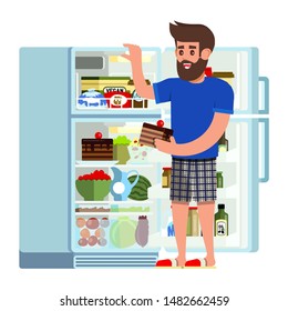 Man stands by the fridge chooses food. Modern flat style thin line vector illustration isolated on white background.