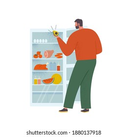 Man stands by the fridge chooses food. Modern flat style vector illustration isolated on white background.