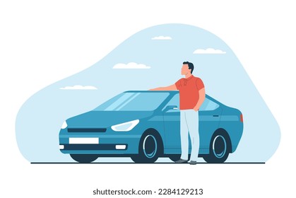 A man stands by his car with his hand on its roof. Concept for insurance companies or car dealers. Vector illustration.