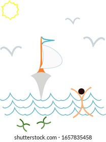 A man stands by the sea and waves his hands to the ship. Crabs run along the coast. Seagulls are circling in the sky. The bright sun shines from above.