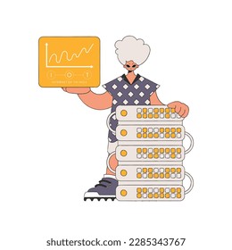 The man stands by the server, displaying the logo of the Internet of Things.