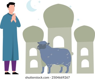 The man stands by the sheep.
