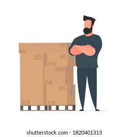 A man stands with cardboard boxes. Delivery and trucking concept. Isolated. Vector.