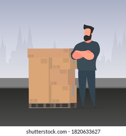 A man stands with cardboard boxes. Delivery and trucking concept.  Vector.