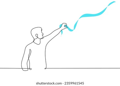 man stands and catches with his hand a flying (floating in the air) blue ribbon - one line art vector. concept gust of wind, airiness, chasing a dream, making a dream come true metaphor