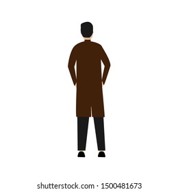 A man stands in a cloak.  The view from the back. Flat cartoon character isolated on white background.eps