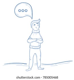 Man stands with comment icon, speech bubble icon with three dots, vector illustration. Hand drawn cartoon style vector illustration