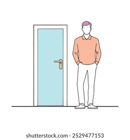 A man stands confidently in front of a closed door continuous line art flat vector illustration white background.