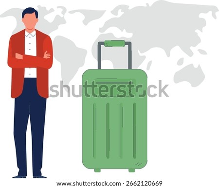 A man stands confidently with a suitcase