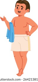 A man stands confidently in swim shorts with a towel draped over his shoulder in a cartoon style. He gestures casually, exuding a relaxed and carefree vibe. Cartoon vector illustration.