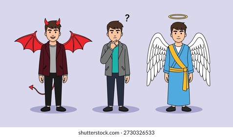 A man stands confused between an angel and a devil, symbolizing a moral dilemma or decision.