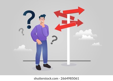 Un hombre está confundido con un signo de interrogación, frente a una señal con múltiples flechas. Esta ilustración captura la sensación de enfrentar una decisión difícil o estar en una encrucijada en la vida.