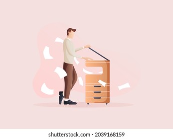 Man stands for copying while other sheets of paper are flying. Flat design Illustration about Photocopy in the office.