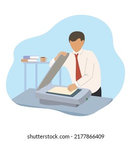 Man stands for copying while other sheets of paper are flying. Flat design Illustration about Photocopy in the office.