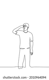 man stands covering his eyes with his hand like a visor, he is trying to see something in the distance - one line drawing. the concept of a beholder, observer, blind or poorly seeing person