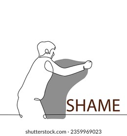 man stands and covers the word SHAME with a blanket - one line art vector. concept avoid shame, fear of disgrace, hide felt shame