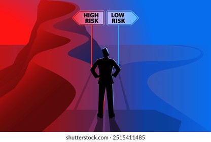 Man stands at a crossroads, choosing between two paths: High Risk with a challenging, uphill road, and Low Risk with a smooth, flat road. symbolizes decision-making, risk assessment and strategy