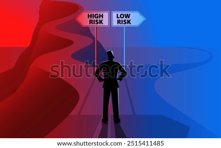 Man stands at a crossroads, choosing between two paths: High Risk with a challenging, uphill road, and Low Risk with a smooth, flat road. symbolizes decision-making, risk assessment and strategy