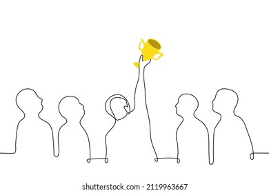 man stands in a crowd holding a winner's cup everyone is looking at the prize - one line drawing vector. concept of envy of someone else's success, alpha male, winner