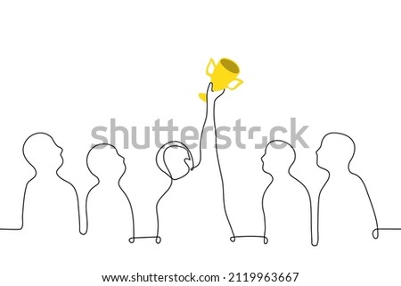 man stands in a crowd holding a winner's cup everyone is looking at the prize - one line drawing vector. concept of envy of someone else's success, alpha male, winner