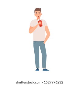 Man stands with cup of coffee vector illustration set