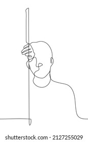 man stands at the door jamb with his arm around it and putting his head to it - one line drawing vector. the concept of peeping, fatigue, falling in love, observation 