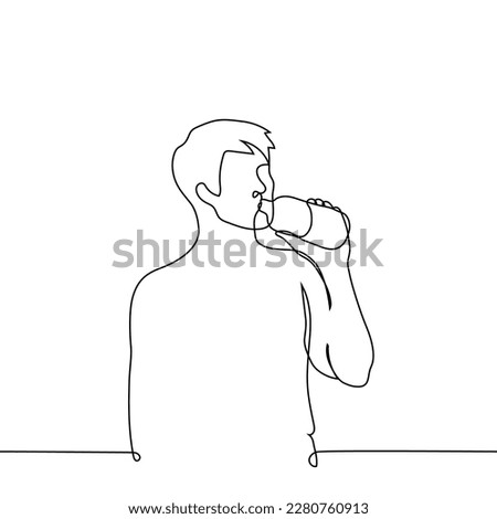 man stands and drinks from a bottle from his throat - one line drawing vector. concept to quench your thirst