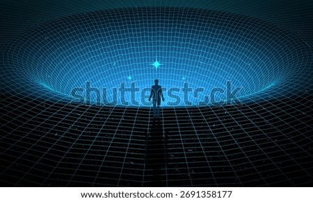 A man stands at the edge of a black hole, gazing into the depths of the universe, surrounded by stars in a mesmerizing cosmic abyss. Concept: self searching mental psychologic. Retro digital grid hole
