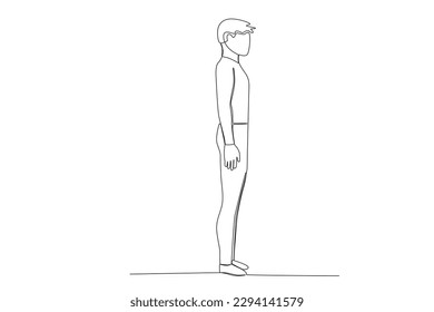A man stands facing right forming a 90-degree angle. Angles one-line drawing