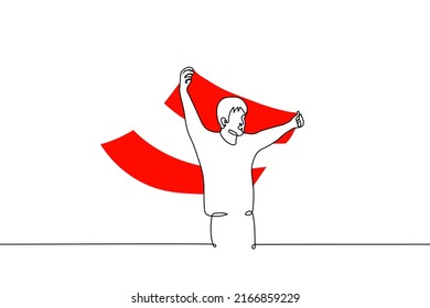 man stands with the flag of Austria behind his back - one line drawing vector. concept austrian independence day, austrian patriot