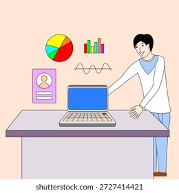 A man stands in front of a computer with a laptop on the table. The laptop is open and the screen is blue