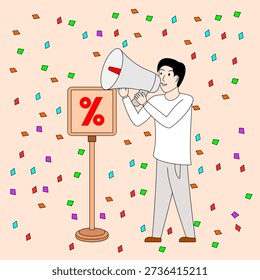 man stands in front of a Discount board and is holding a megaphone. The scene is colorful and lively, with a lot of confetti scattered around
