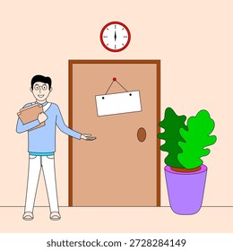 Um homem fica em frente a uma porta com um sinal nela com um gesto de convite. Ele está segurando uma prancheta e sorrindo